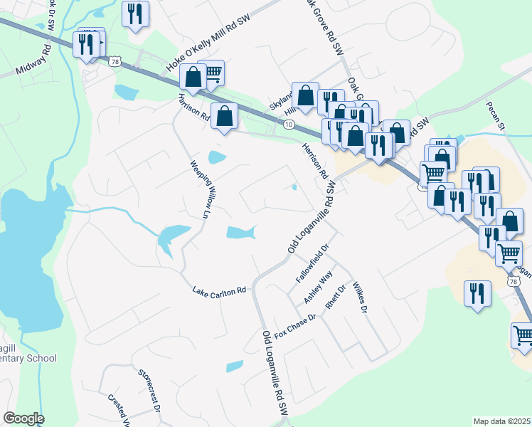 map of restaurants, bars, coffee shops, grocery stores, and more near 609 Ashton Manor Drive in Loganville