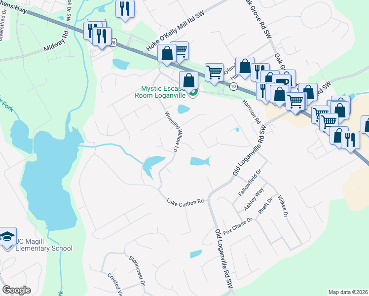 map of restaurants, bars, coffee shops, grocery stores, and more near 488 Bradford Park Court in Loganville