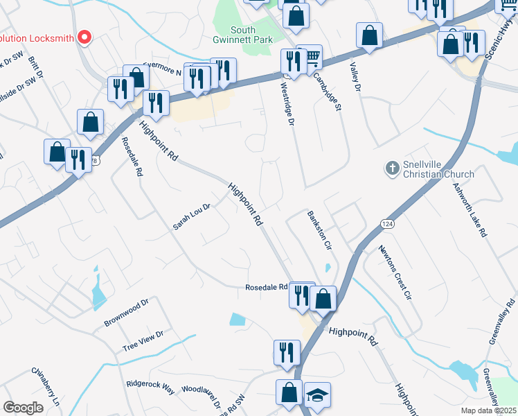 map of restaurants, bars, coffee shops, grocery stores, and more near 3101 Spruce Circle in Snellville