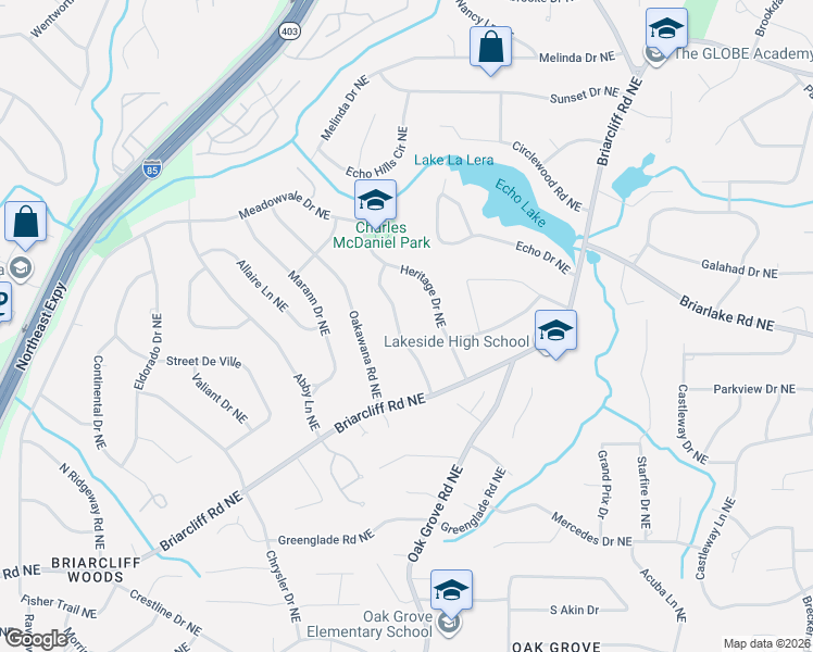 map of restaurants, bars, coffee shops, grocery stores, and more near 2140 Briarwillow Drive Northeast in Atlanta
