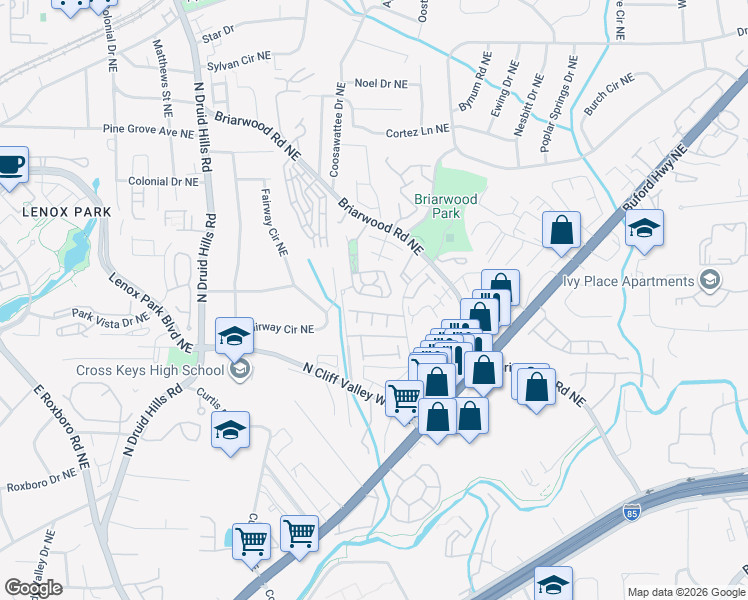 map of restaurants, bars, coffee shops, grocery stores, and more near 2030 Cobblestone Circle Northeast in Atlanta