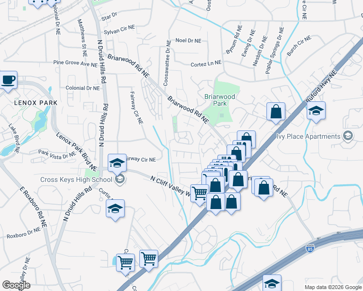 map of restaurants, bars, coffee shops, grocery stores, and more near 2162 Prestwick Court Northeast in Brookhaven