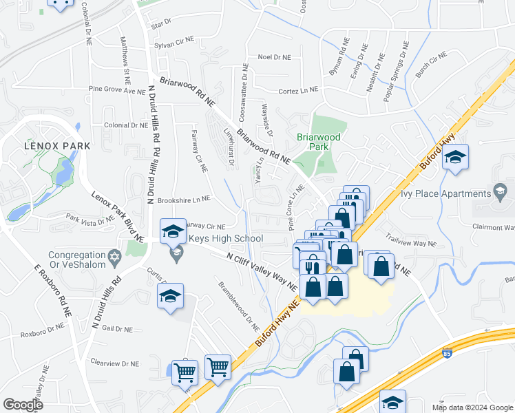 map of restaurants, bars, coffee shops, grocery stores, and more near 2132 Pembroke Drive in Brookhaven