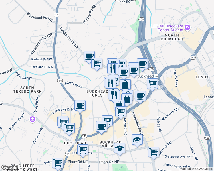map of restaurants, bars, coffee shops, grocery stores, and more near 3245 Buckhead Forest Mews in Atlanta