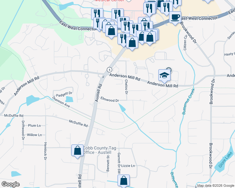 map of restaurants, bars, coffee shops, grocery stores, and more near 1794 Elmwood Drive in Austell