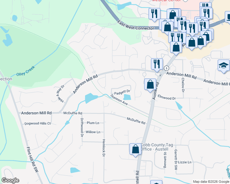 map of restaurants, bars, coffee shops, grocery stores, and more near 1992 Padgett Drive in Austell