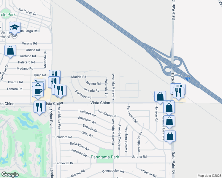 map of restaurants, bars, coffee shops, grocery stores, and more near 27874 Valencia Street in Cathedral City