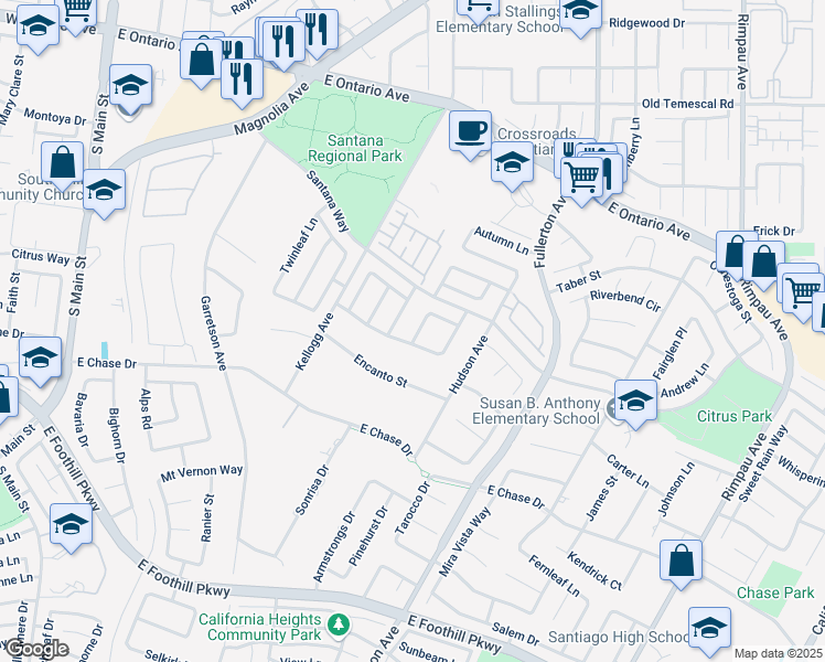 map of restaurants, bars, coffee shops, grocery stores, and more near 2690 Mockingbird Lane in Corona