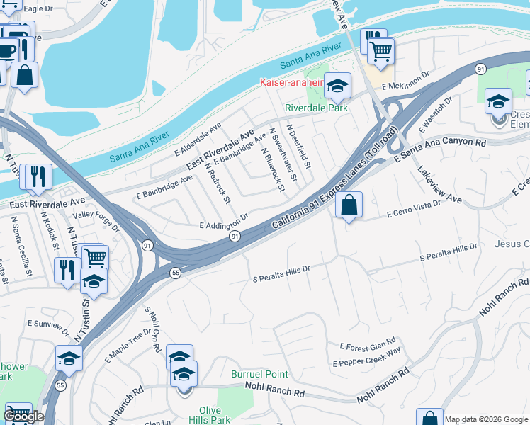 map of restaurants, bars, coffee shops, grocery stores, and more near 4332 East Addington Drive in Anaheim