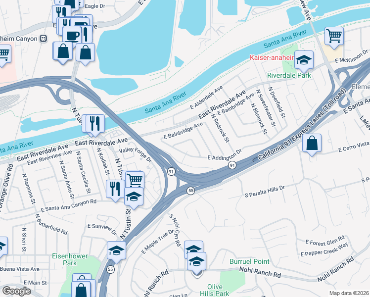 map of restaurants, bars, coffee shops, grocery stores, and more near 4136 East Addington Drive in Anaheim