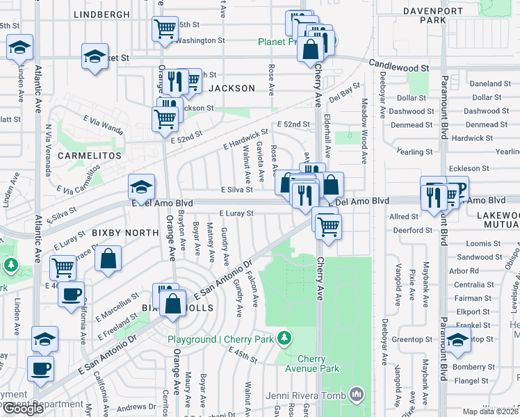 map of restaurants, bars, coffee shops, grocery stores, and more near 4824 Walnut Avenue in Long Beach