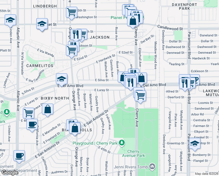 map of restaurants, bars, coffee shops, grocery stores, and more near 4824 Walnut Avenue in Long Beach