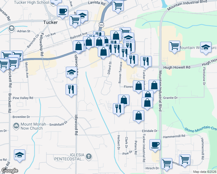 map of restaurants, bars, coffee shops, grocery stores, and more near 2220 Dillard Crossing in Tucker