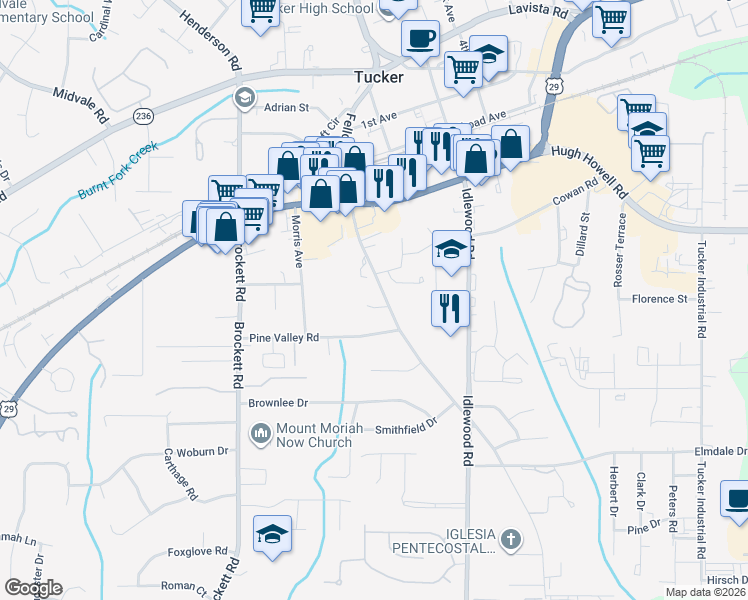 map of restaurants, bars, coffee shops, grocery stores, and more near 4177 Applegate Way in Tucker