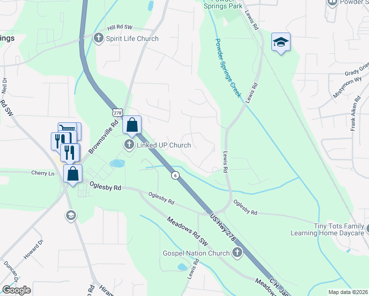 map of restaurants, bars, coffee shops, grocery stores, and more near 4590 Falls Avenue in Powder Springs