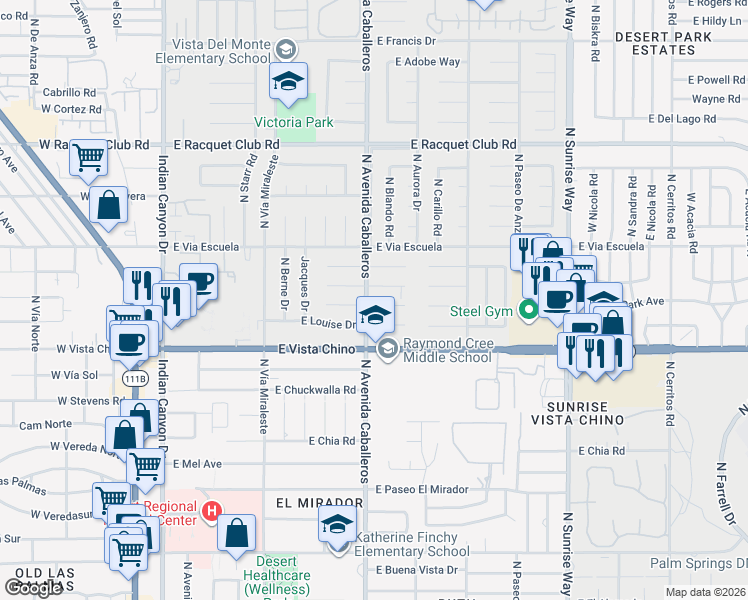 map of restaurants, bars, coffee shops, grocery stores, and more near 1022 East El Escudero in Palm Springs