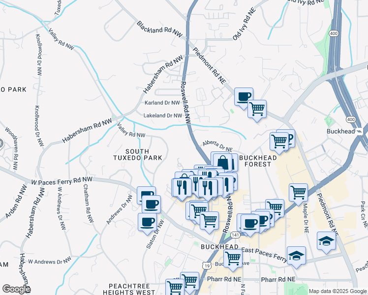 map of restaurants, bars, coffee shops, grocery stores, and more near 3434 Roswell Road Northwest in Atlanta