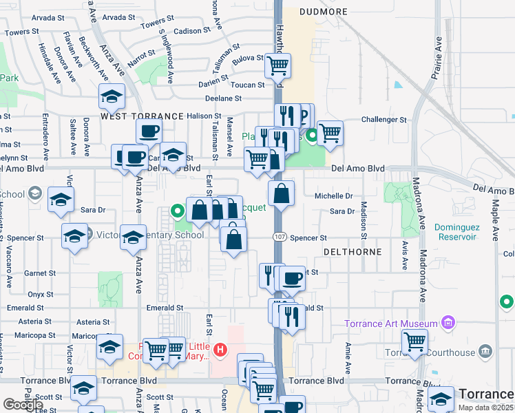map of restaurants, bars, coffee shops, grocery stores, and more near 20427 Hawthorne Boulevard in Torrance