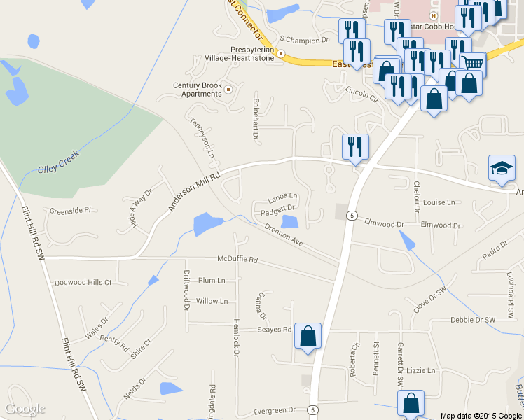 map of restaurants, bars, coffee shops, grocery stores, and more near 1992 Padgett Drive in Austell