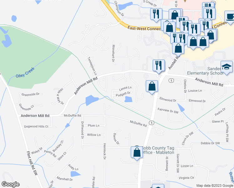 map of restaurants, bars, coffee shops, grocery stores, and more near 1988 Padgett Drive in Austell