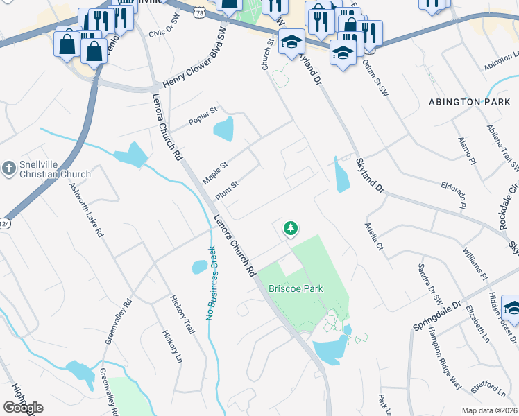 map of restaurants, bars, coffee shops, grocery stores, and more near 2631 Freemont Street in Snellville