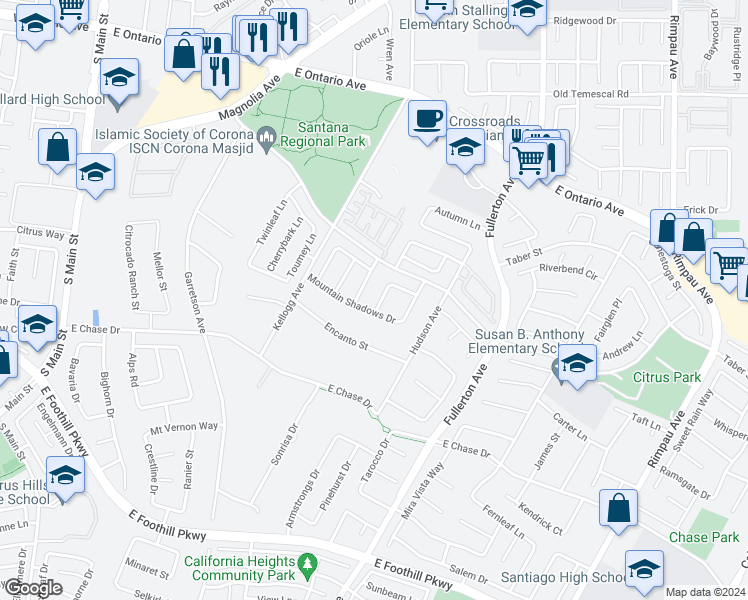 map of restaurants, bars, coffee shops, grocery stores, and more near 2690 Mockingbird Lane in Corona