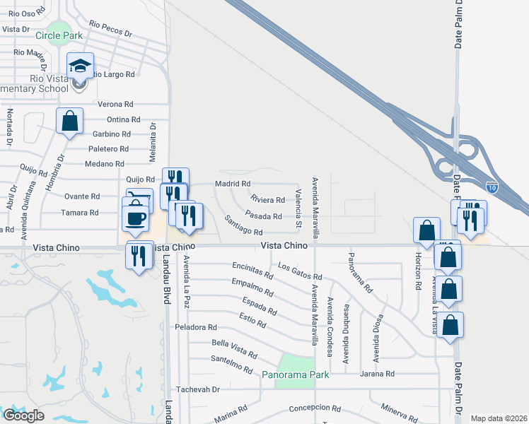 map of restaurants, bars, coffee shops, grocery stores, and more near 68316 Santiago Road in Cathedral City