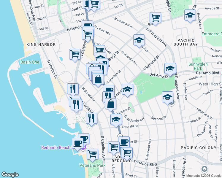 map of restaurants, bars, coffee shops, grocery stores, and more near 316 North Francisca Avenue in Redondo Beach