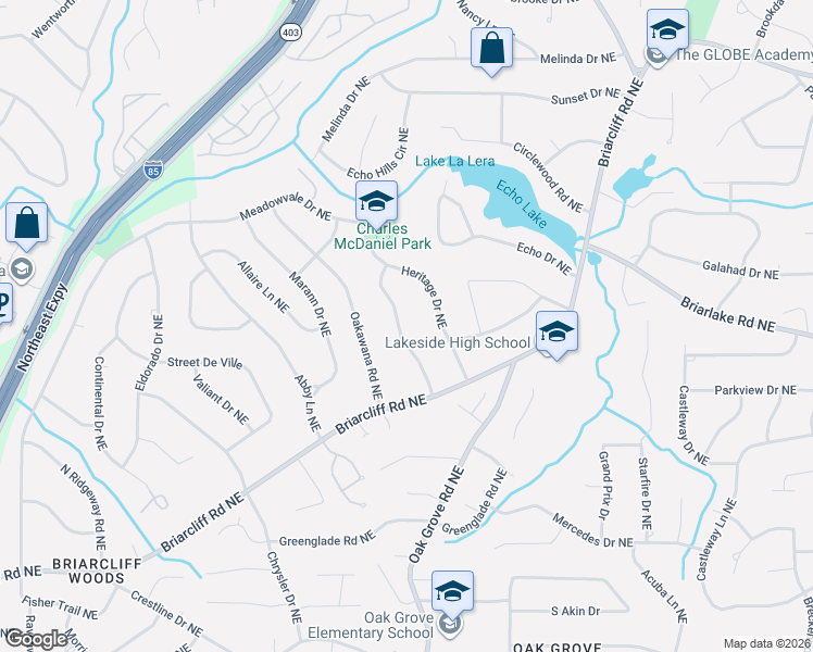 map of restaurants, bars, coffee shops, grocery stores, and more near 2140 Briarwillow Drive Northeast in Atlanta