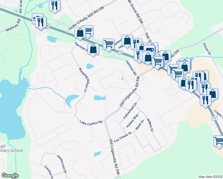 map of restaurants, bars, coffee shops, grocery stores, and more near 609 Ashton Manor Drive in Loganville