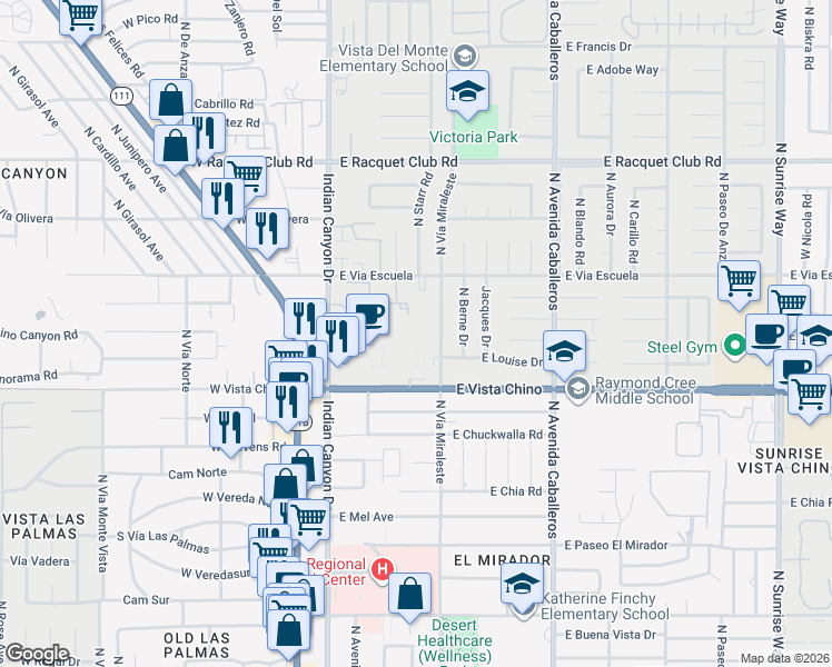 map of restaurants, bars, coffee shops, grocery stores, and more near in Palm Springs