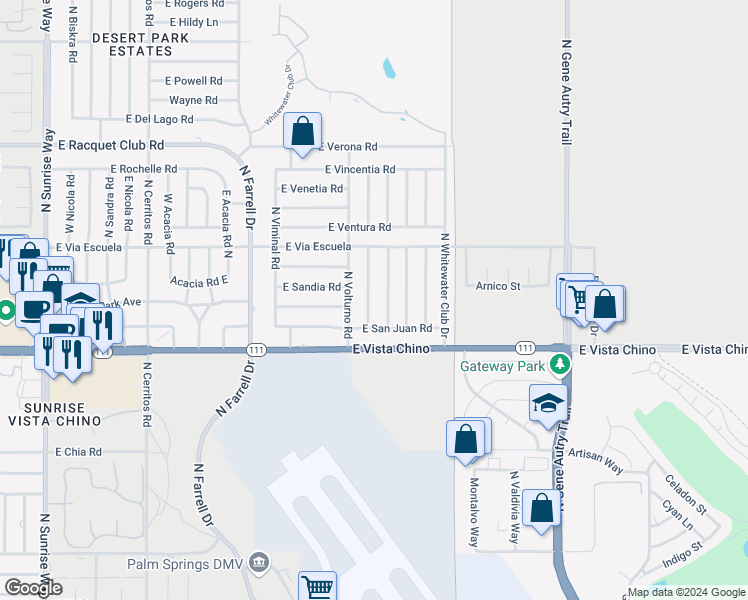 map of restaurants, bars, coffee shops, grocery stores, and more near 1920 North San Gorgonio Road in Palm Springs
