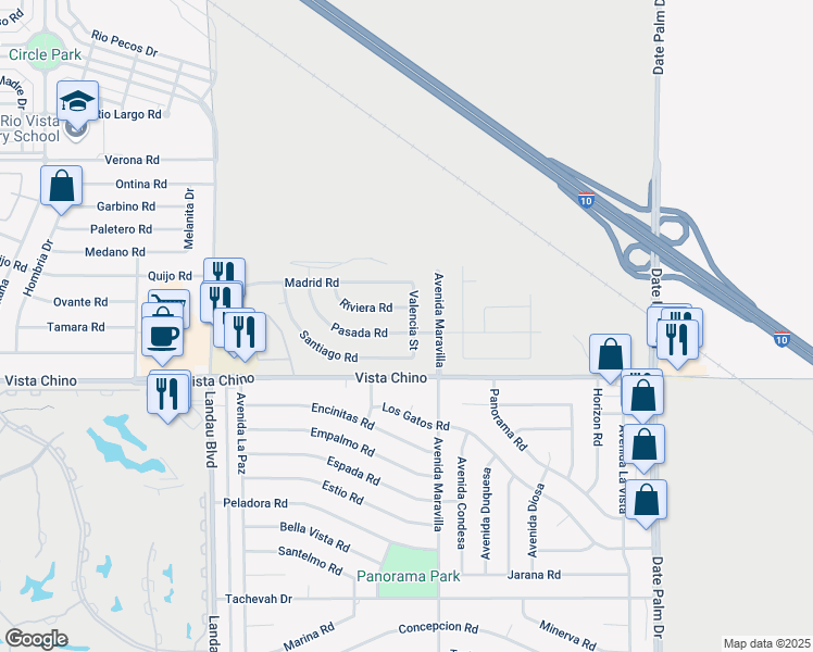 map of restaurants, bars, coffee shops, grocery stores, and more near 68496 Pasada Road in Cathedral City