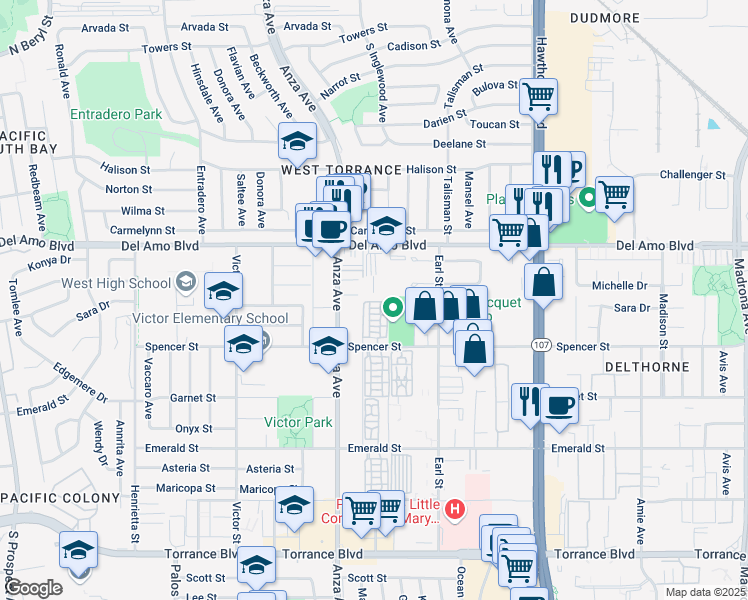 map of restaurants, bars, coffee shops, grocery stores, and more near 4489 Spencer Street in Torrance