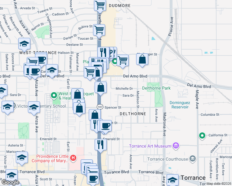 map of restaurants, bars, coffee shops, grocery stores, and more near 3703 White Court in Torrance