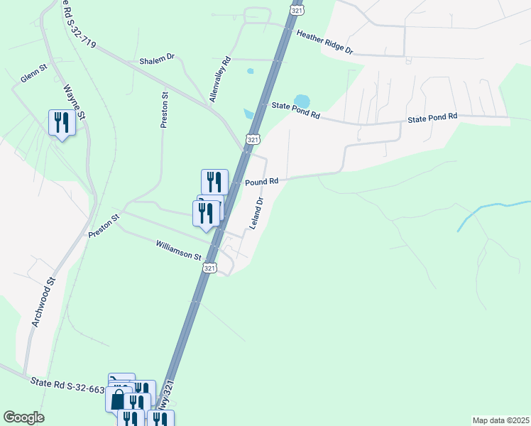 map of restaurants, bars, coffee shops, grocery stores, and more near 229 Leland Drive in Gaston