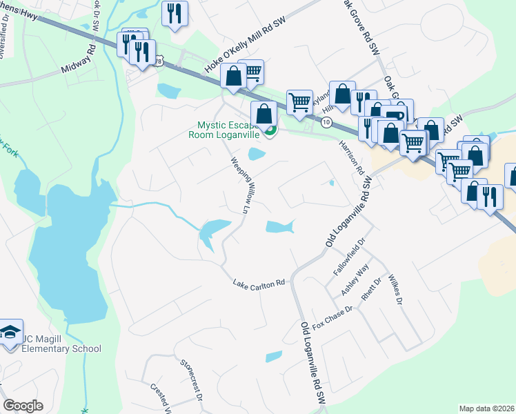 map of restaurants, bars, coffee shops, grocery stores, and more near 488 Bradford Park Court in Loganville
