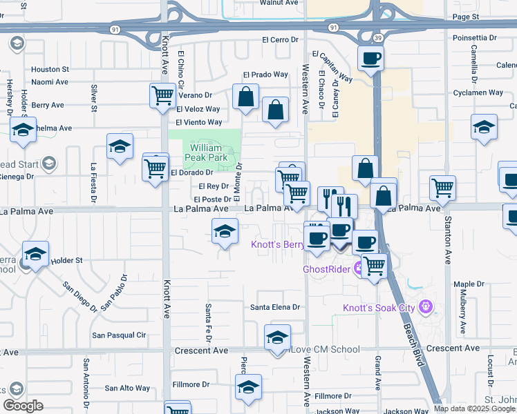 map of restaurants, bars, coffee shops, grocery stores, and more near in Buena Park