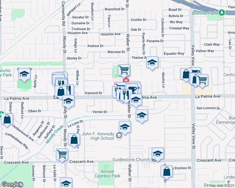 map of restaurants, bars, coffee shops, grocery stores, and more near 8012 De Vries Lane in La Palma