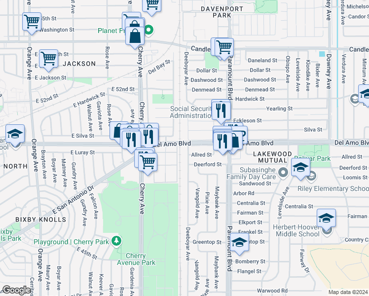 map of restaurants, bars, coffee shops, grocery stores, and more near 4843 Deeboyar Avenue in Lakewood