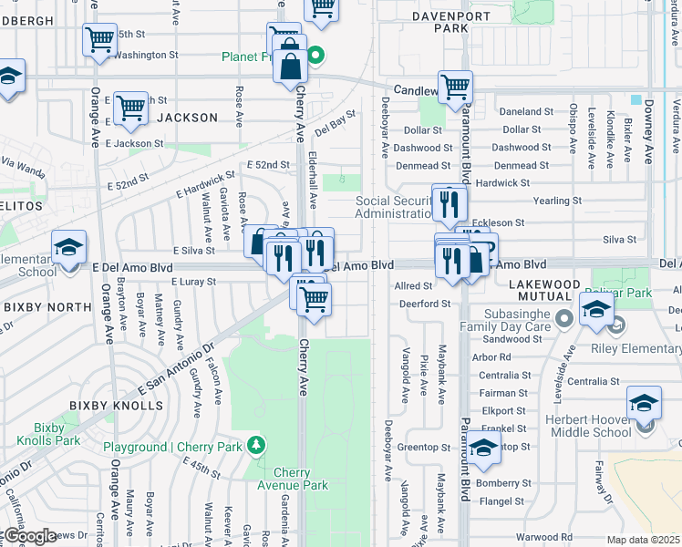 map of restaurants, bars, coffee shops, grocery stores, and more near 4901 Clair Del Avenue in Long Beach