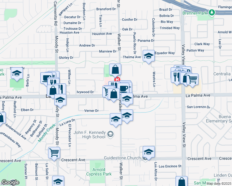map of restaurants, bars, coffee shops, grocery stores, and more near 5420 La Palma Ave in La Palma