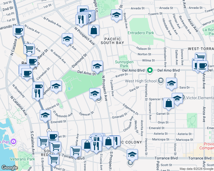 map of restaurants, bars, coffee shops, grocery stores, and more near 312 North Prospect Avenue in Redondo Beach