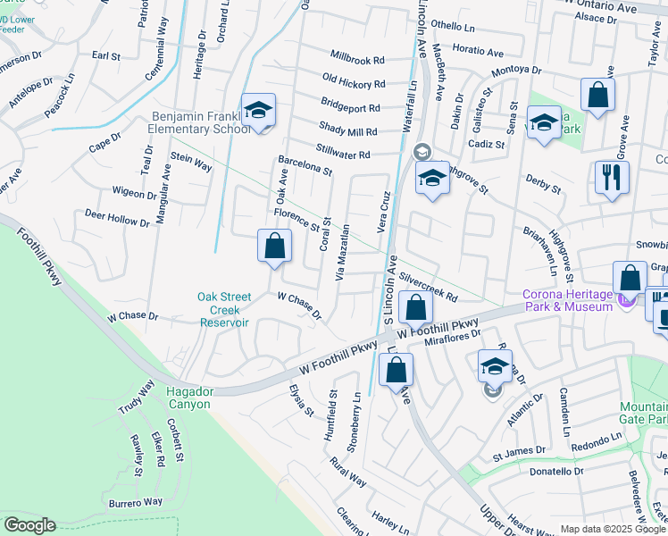map of restaurants, bars, coffee shops, grocery stores, and more near 3144 Vía Mazatlan in Corona
