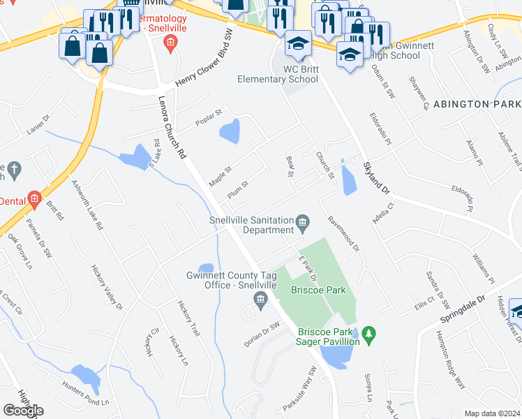map of restaurants, bars, coffee shops, grocery stores, and more near 2641 Freemont Street in Snellville