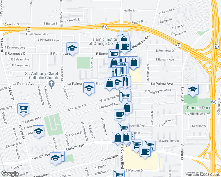 map of restaurants, bars, coffee shops, grocery stores, and more near 1919 East Sycamore Street in Anaheim