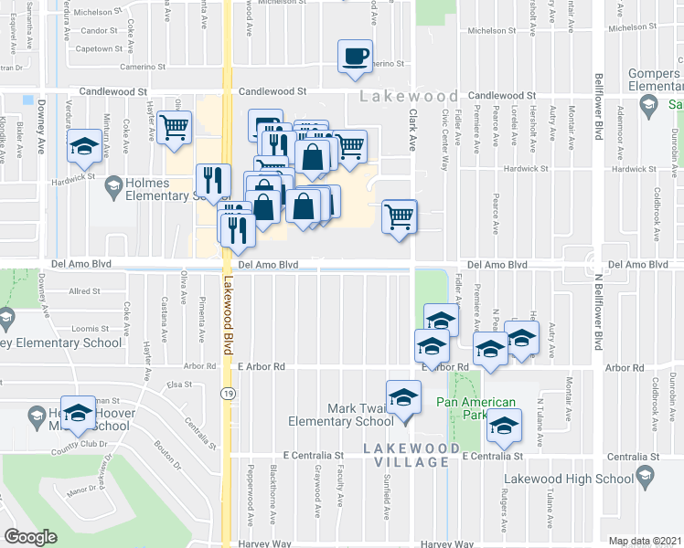 map of restaurants, bars, coffee shops, grocery stores, and more near Del Amo Blvd & Faculty Ave in Long Beach