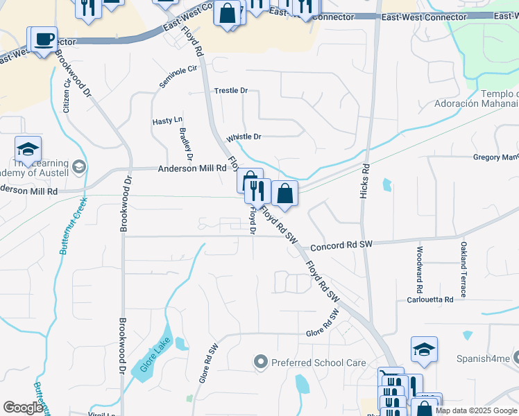 map of restaurants, bars, coffee shops, grocery stores, and more near 4360 Floyd Road Southwest in Mableton