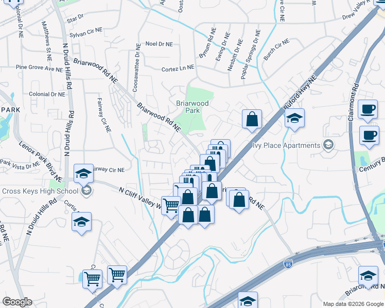 map of restaurants, bars, coffee shops, grocery stores, and more near 1581 Briarwood Road Northeast in Atlanta