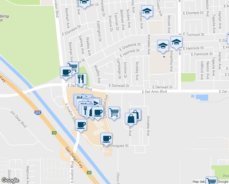 map of restaurants, bars, coffee shops, grocery stores, and more near 20421 Campaign Drive in Carson
